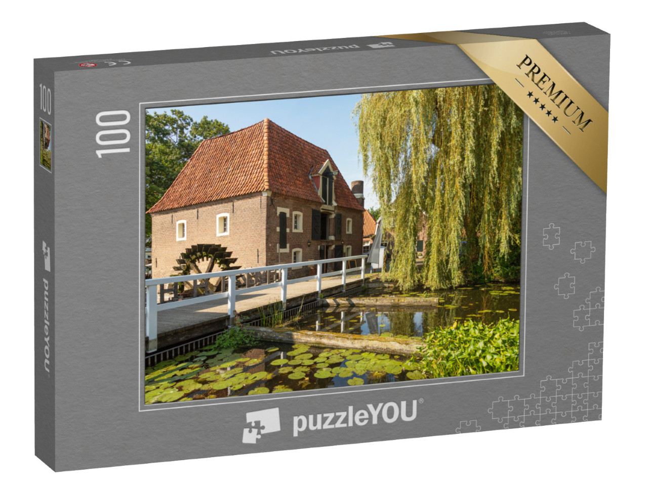 Puzzel 100 stukjes „Watermolen en sluis in het pittoreske dorpje Borculo in de Achterhoek“