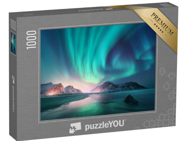 Puzzel 1000 stukjes „Noorderlicht boven zee en besneeuwde bergen“