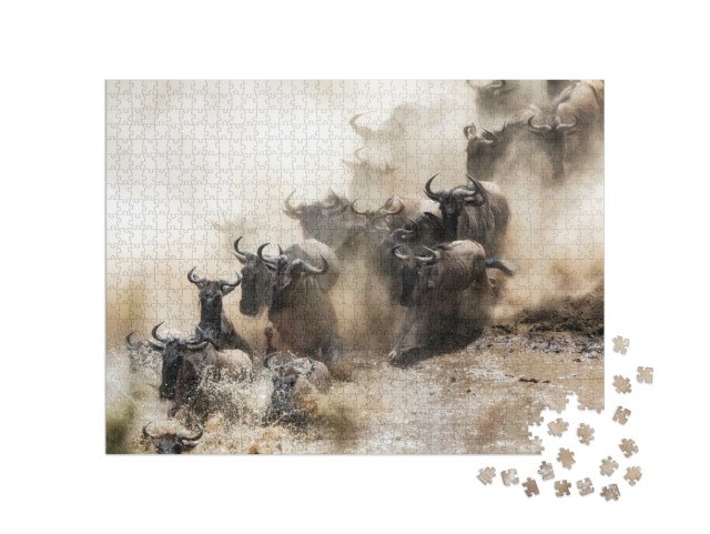 Puzzel 1000 stukjes „Gnoes steken de Mara rivier over in Kenia“