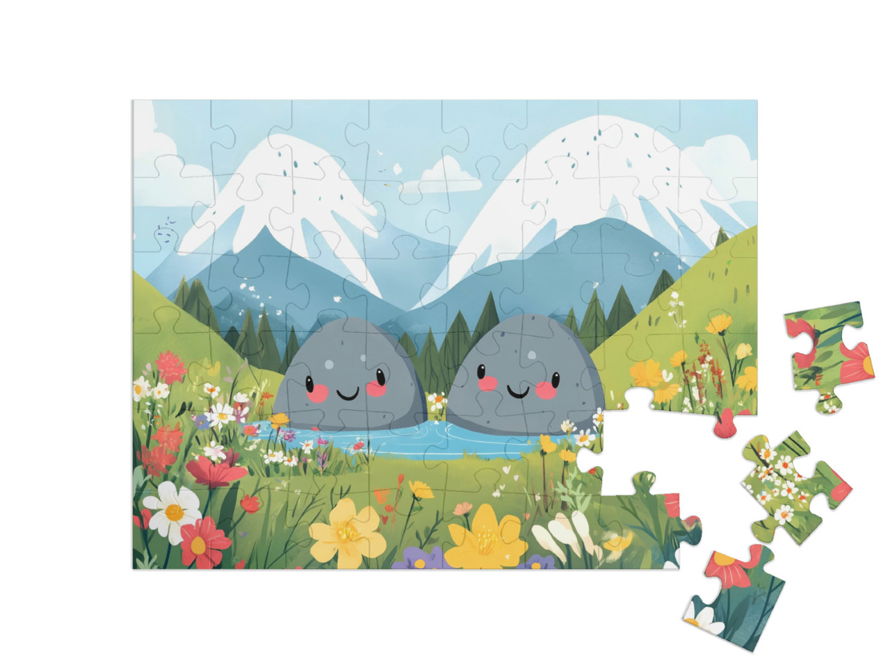 Puzzel 48 stukjes „Twee gelukkige rotsen op de bergweide“