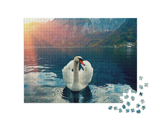 Puzzel 1000 stukjes „Majestueuze zwaan in het Hallstadt meer, Oostenrijk“