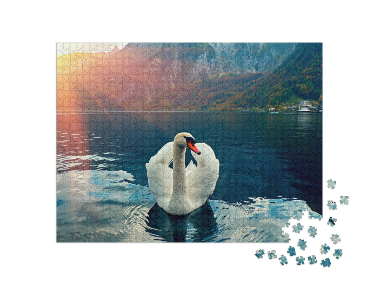 Puzzel 1000 stukjes „Majestueuze zwaan in het Hallstadt meer, Oostenrijk“