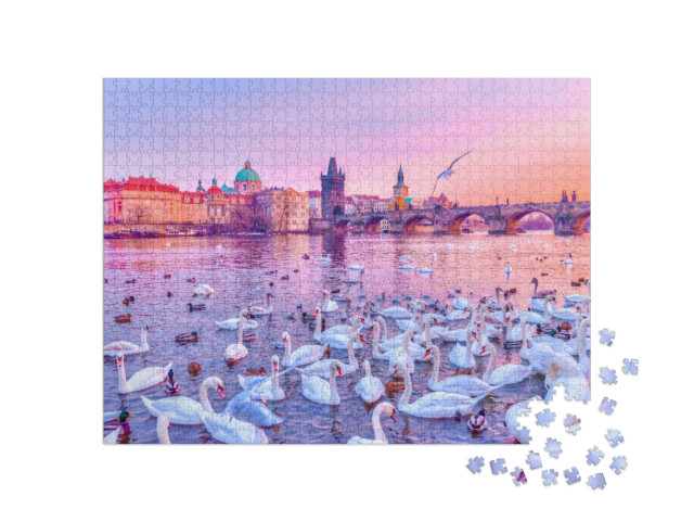 Puzzel 1000 stukjes „Zwanen op de Moldau, zonsondergang in Praag“