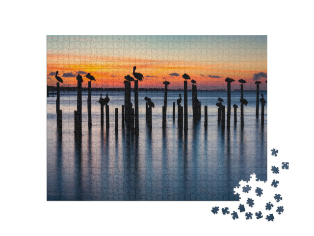 Puzzel 1000 stukjes „Pelikanen bij zonsondergang op oude pilaren“
