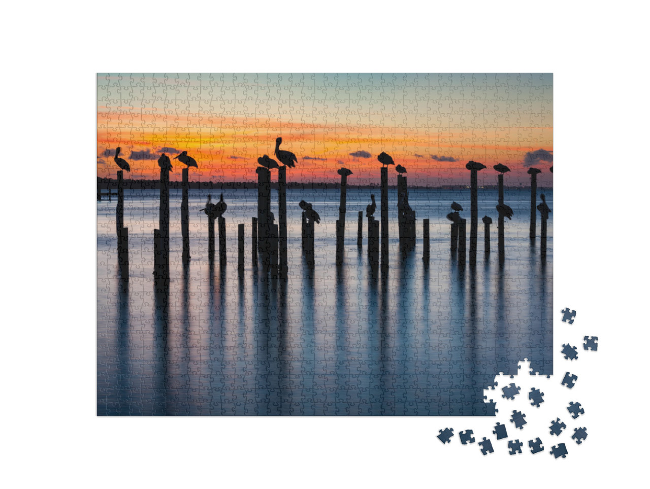 Puzzel 1000 stukjes „Pelikanen bij zonsondergang op oude pilaren“