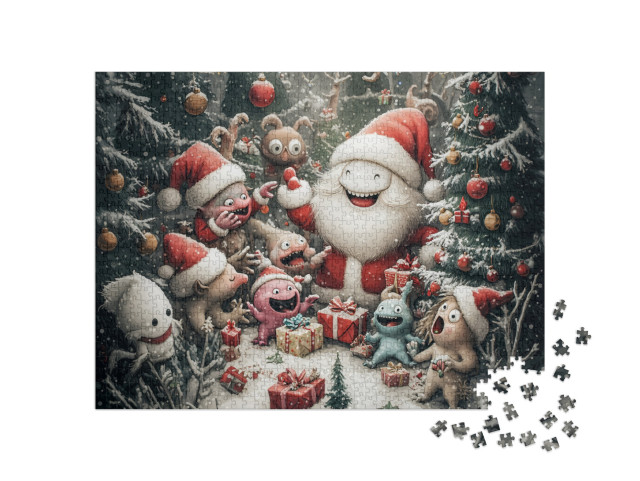 Puzzel 1000 stukjes „Monstres mignons et esprits de la forêt fêtent Noël dans la forêt“