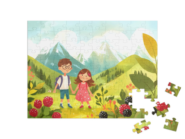 Puzzel 100 stukjes „Vrolijke kinderen op de alpenweide“