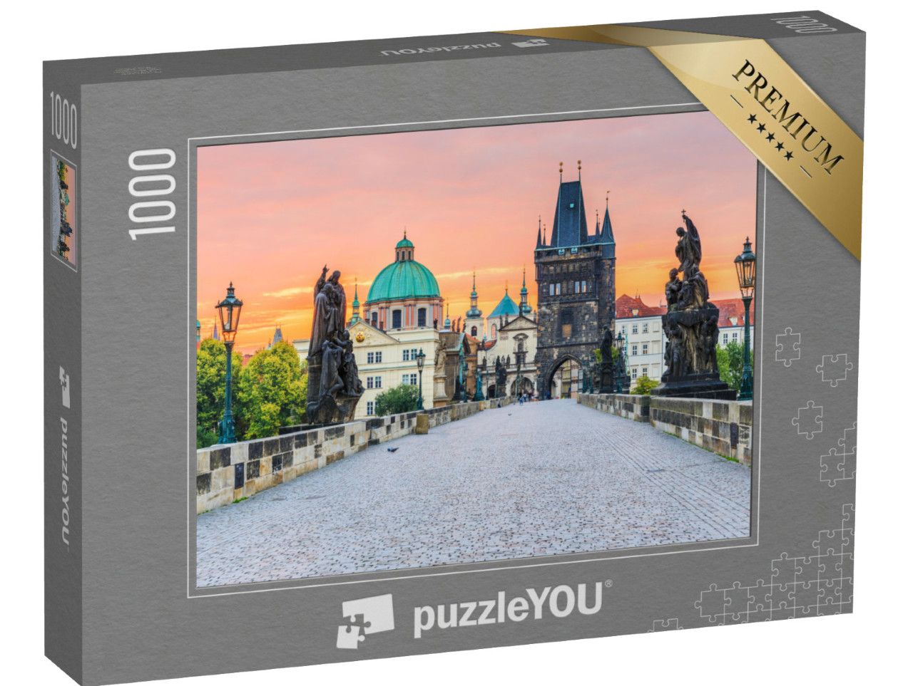 Puzzel 1000 stukjes „Karelsbrug en Oude Stadstoren bij zonsopgang, Praag“
