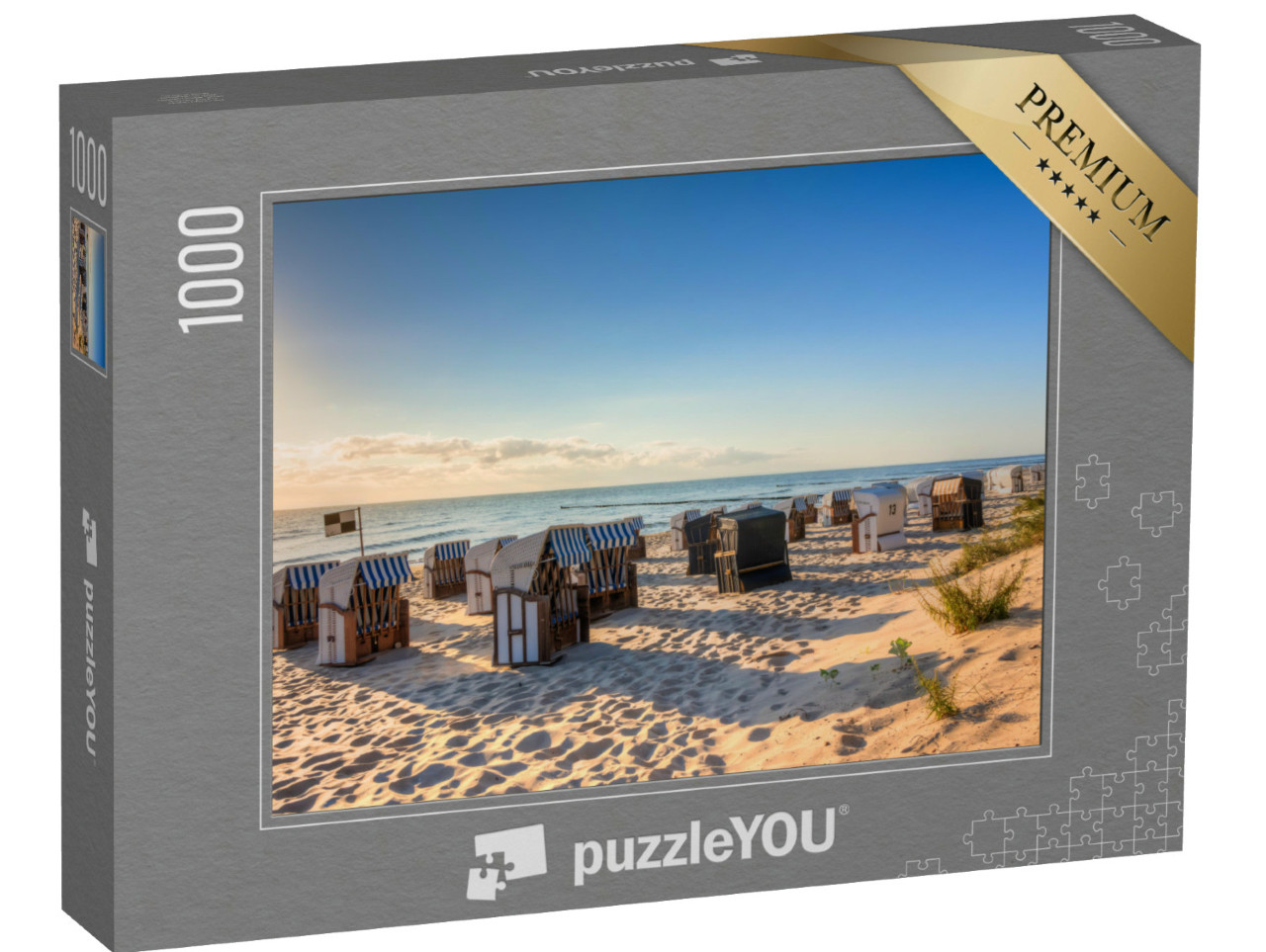 Puzzel 1000 stukjes „Strand met veel strandstoelen na zonsopgang“