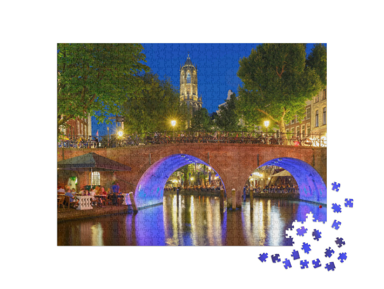 Puzzel 1000 stukjes „Domtoren en gracht in het blauwe uur, Utrecht, Nederland“