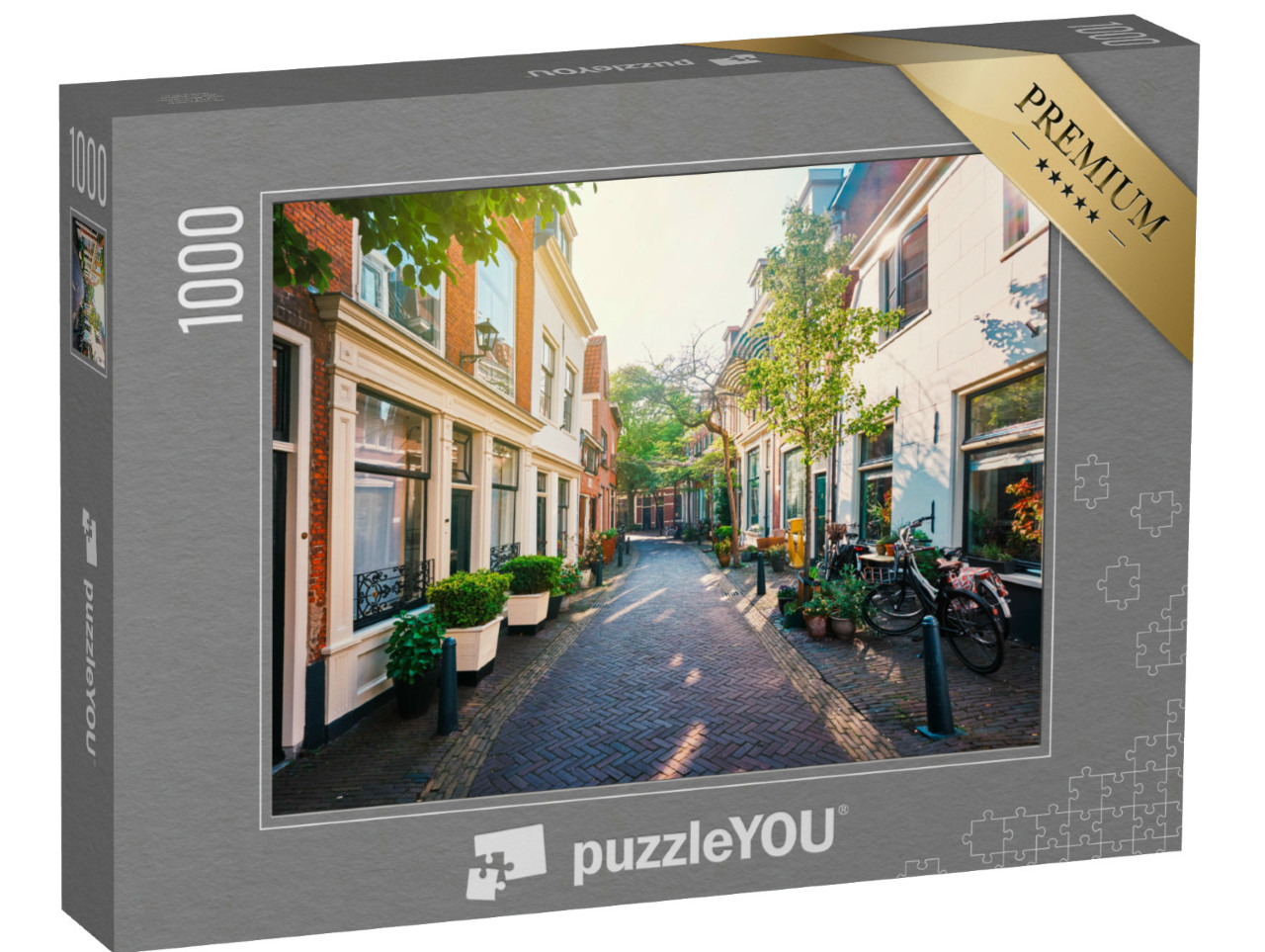 Puzzel 1000 stukjes „Straat met oude huizen en geparkeerde fietsen in Haarlem, Nederland“