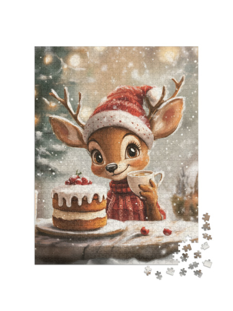 Puzzel 1000 stukjes „Une douce biche attend avec impatience le gâteau de Noël“