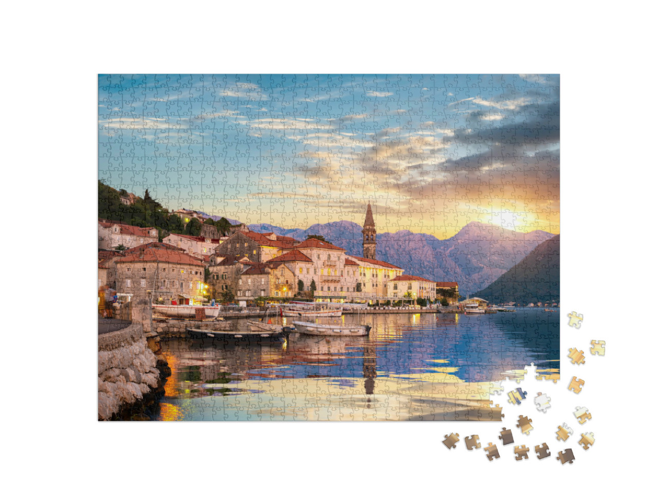 Puzzel 1000 stukjes „Avond in Perast in de Baai van Kotor, Montenegro“
