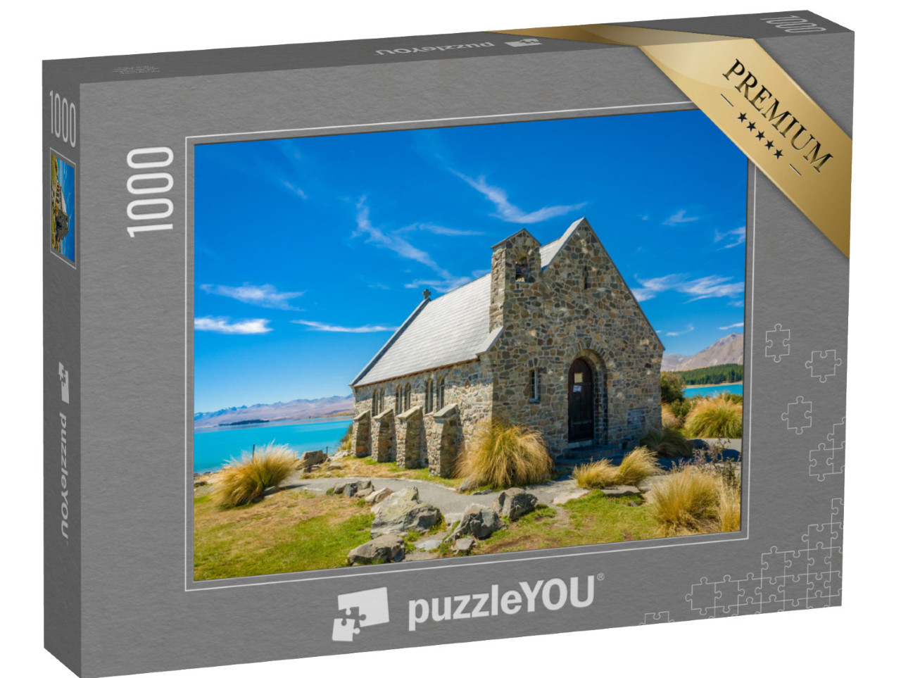 Puzzel 1000 stukjes „Idyllisch stenen kerkje aan een turquoise meer“