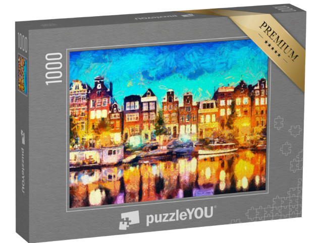 Puzzel 1000 stukjes „Amsterdam: Grachtenpanden, olieverfschilderij“