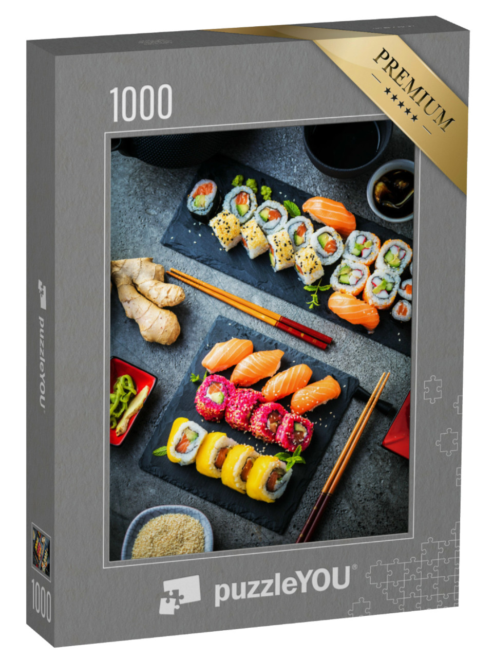 Puzzel 1000 stukjes „Maki en broodjes met vis, garnalen en avocado“