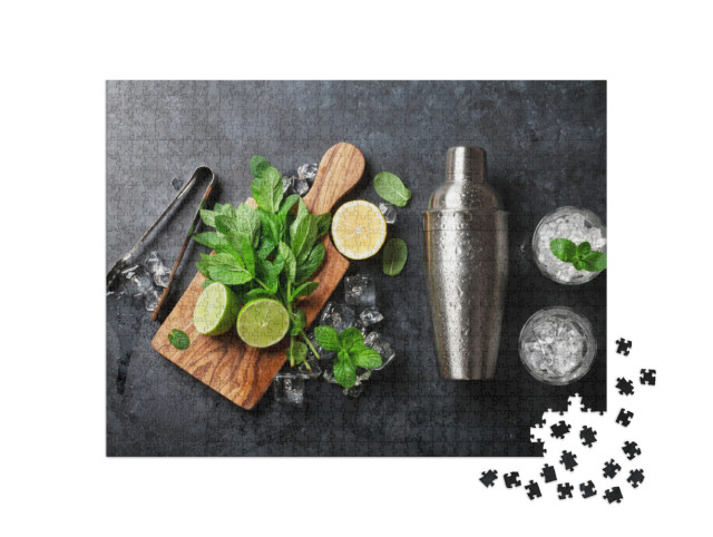 Puzzel 1000 stukjes „Ingrediënten voor een mojitococktail: shaker, munt, limoen, ijs“