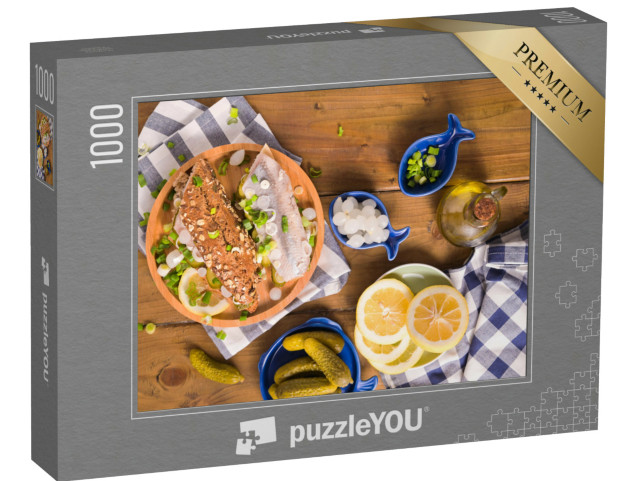 Puzzel 1000 stukjes „Hollandse haring met uien en augurken op een broodje“