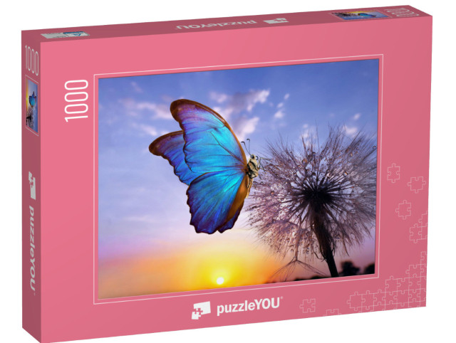 Puzzel 1000 stukjes „De blauwe morpho vlinder op een paardenbloem“