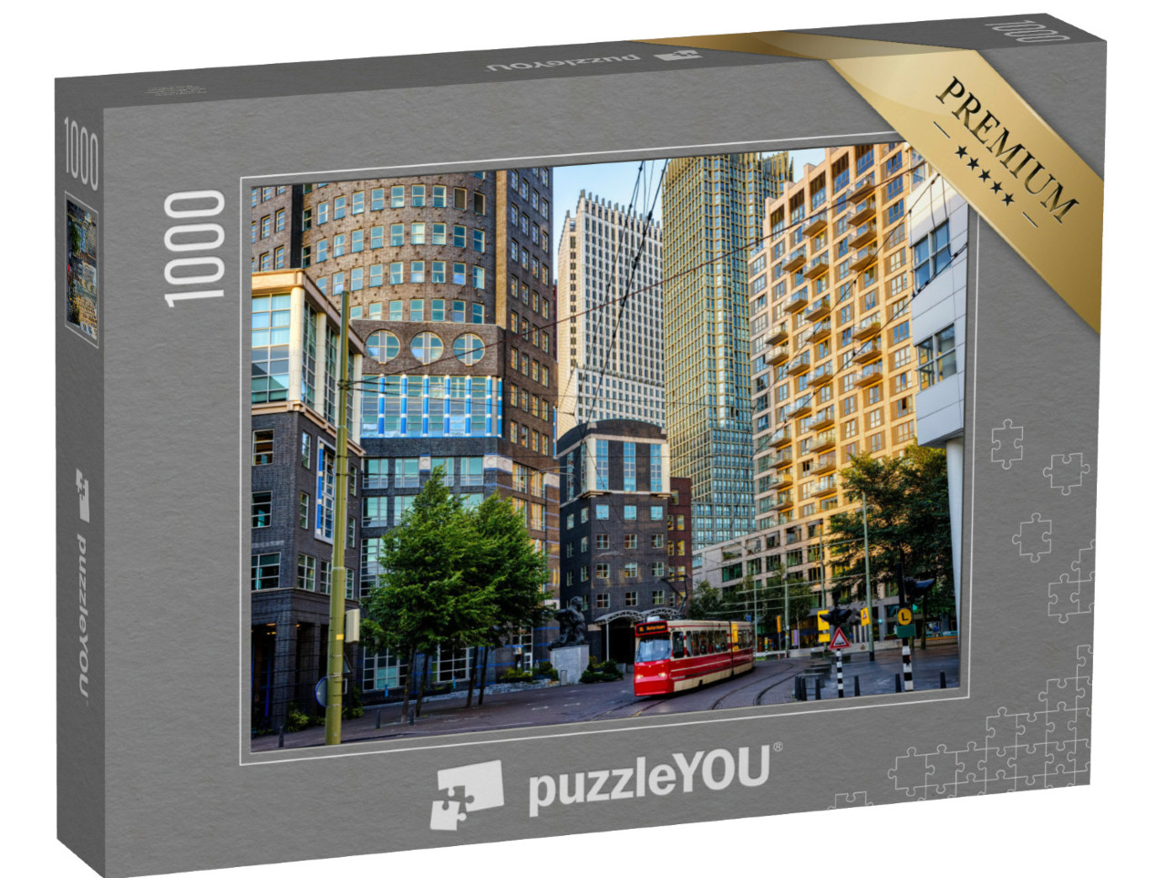 Puzzel 1000 stukjes „Rode tram in een straat in het centrum van Den Haag, Zuid-Holland“