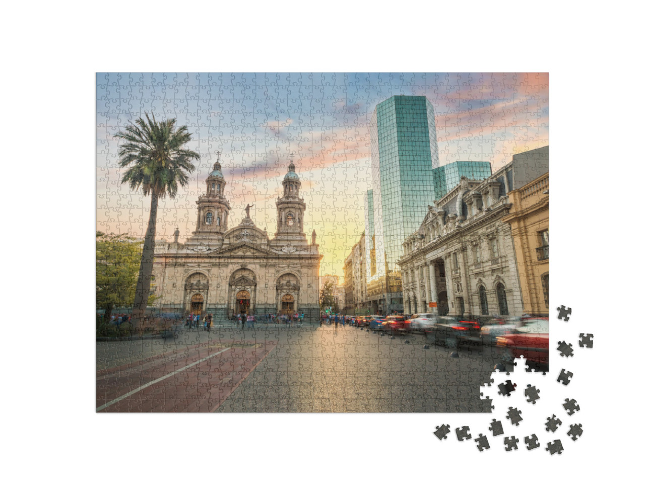 Puzzel 1000 stukjes „Plaza de Armas: Santiago Metropolitan Cathedral bij zonsondergang, Chili“