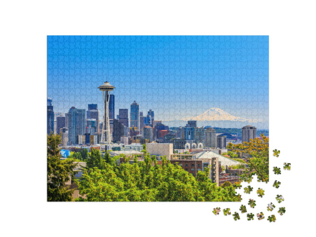Puzzel 1000 stukjes „Skyline van het centrum van Seattle en Mt. Rainier, Washington“