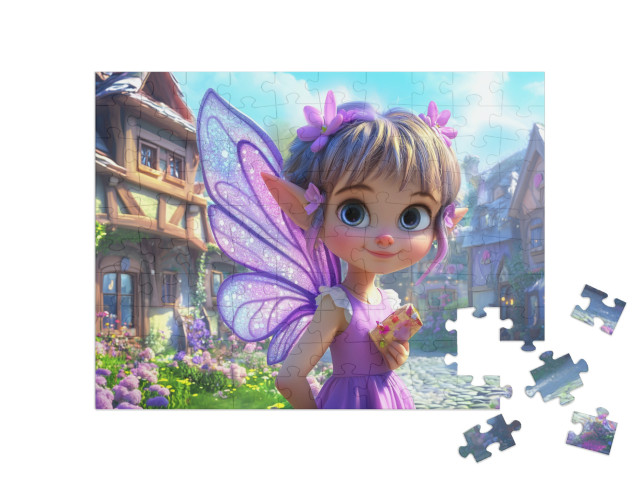 Puzzel 100 stukjes „Betoverende, paarse glitterfee in haar toverland“