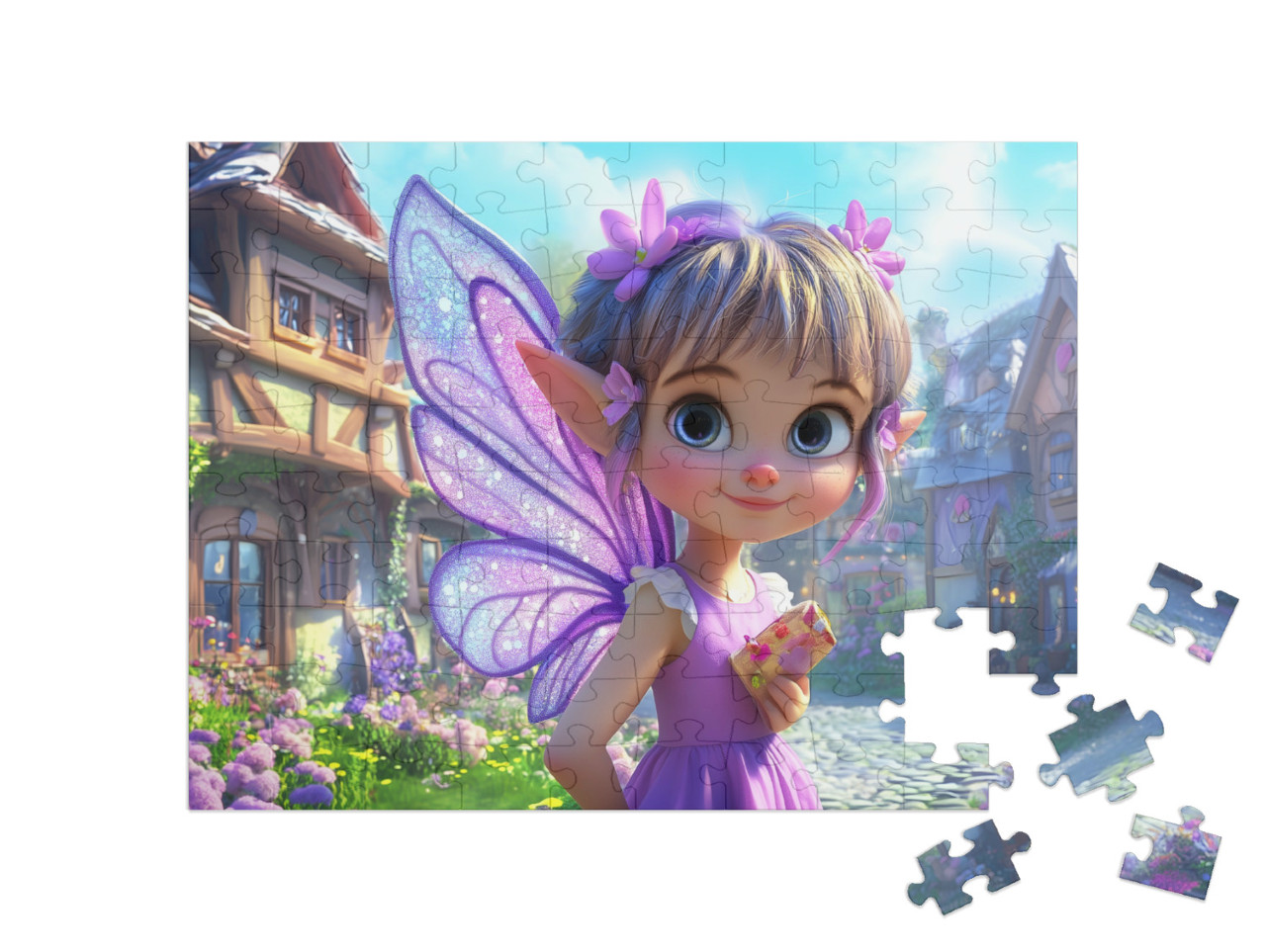 Puzzel 100 stukjes „Betoverende, paarse glitterfee in haar toverland“