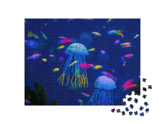 Puzzel 1000 stukjes „Aquarium met kwallen, vissen en algen“
