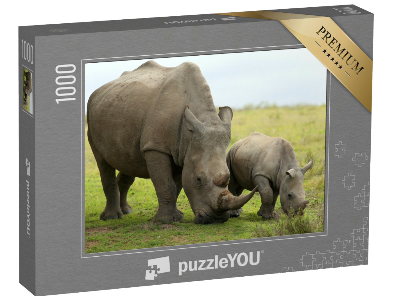Puzzel 1000 stukjes „Close-up van een vrouwelijke neushoorn met kalf, Zuid-Afrika“