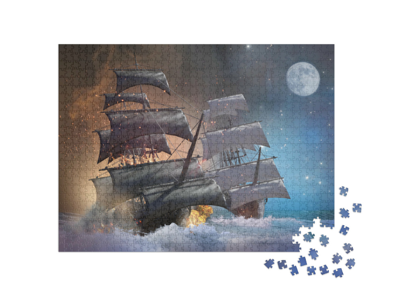 Puzzel 1000 stukjes „Afbeelding: Piratenschip in een nachtelijke zeeslag“
