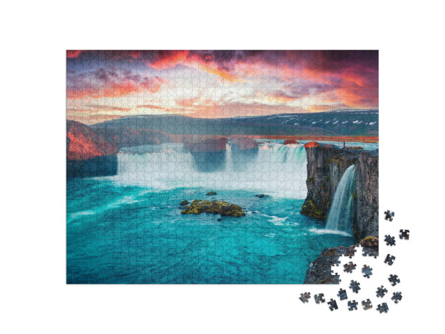 Puzzel 1000 stukjes „Een zomerochtend bij de Godafoss waterval in IJsland“