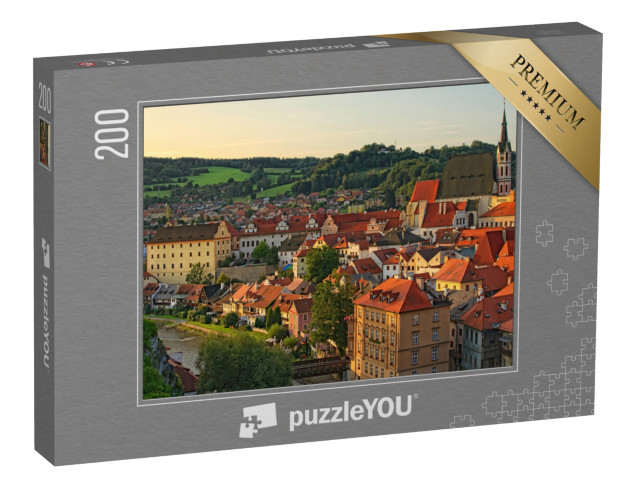 Puzzel 200 stukjes „Stadsgezicht in de ochtend met rode pannendaken, Krumlov, Tsjechië“