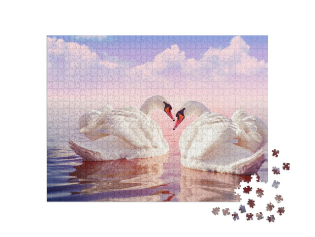 Puzzel 1000 stukjes „Twee prachtige witte zwanen in een lichtroze zonsopgang“