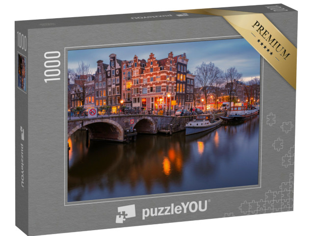Puzzel 1000 stukjes „Amsterdamse grachten, tijdens zonsondergang op een winteravond“