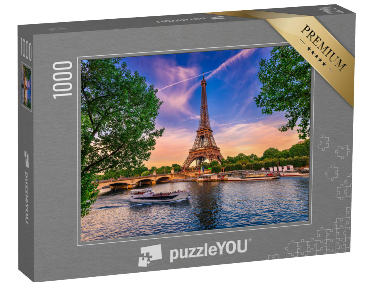 Puzzel 1000 stukjes „Eiffeltoren en rivier de Seine bij zonsondergang in Parijs, Frankrijk“