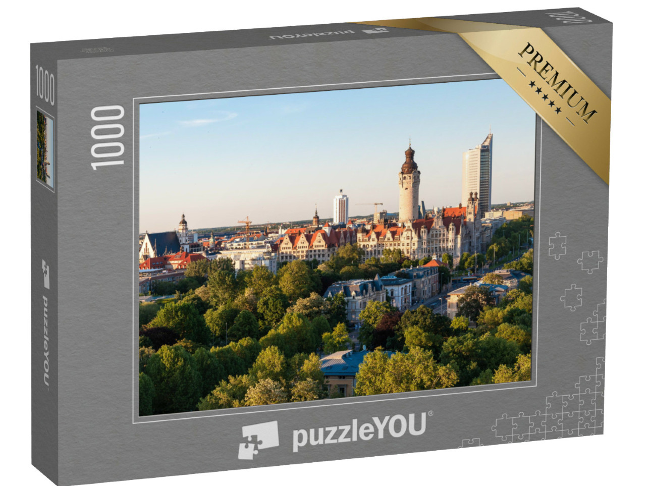 Puzzel 1000 stukjes „Skyline van Leipzig met stadhuis bij zonsondergang, Duitsland“