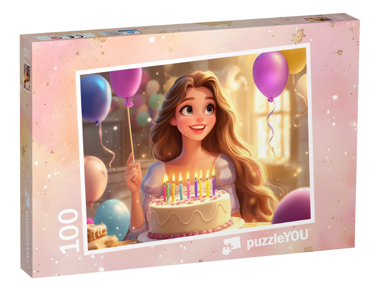 Puzzel 100 stukjes „Een prinses met haar verjaardagstaart en ballonnen“