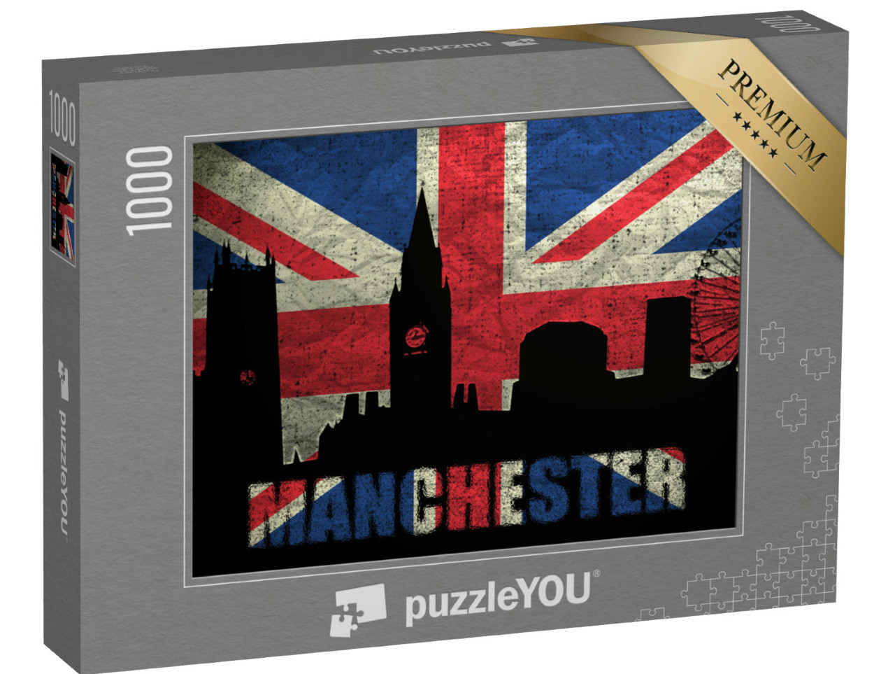 Puzzel 1000 stukjes „Manchester skyline op Britse grungevlag“