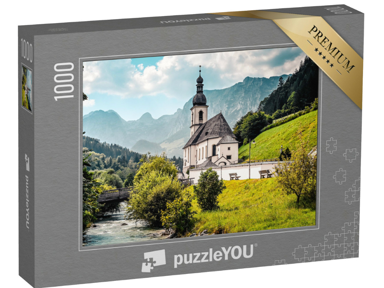 Puzzel 1000 stukjes „Landschap in de Alpen met de kerk van Sint-Sebastiaan“