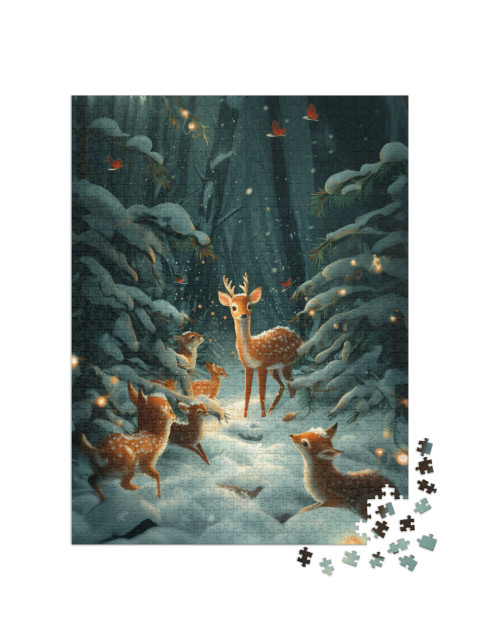 Puzzel 1000 stukjes „Une famille de chevreuils découvre la neige“