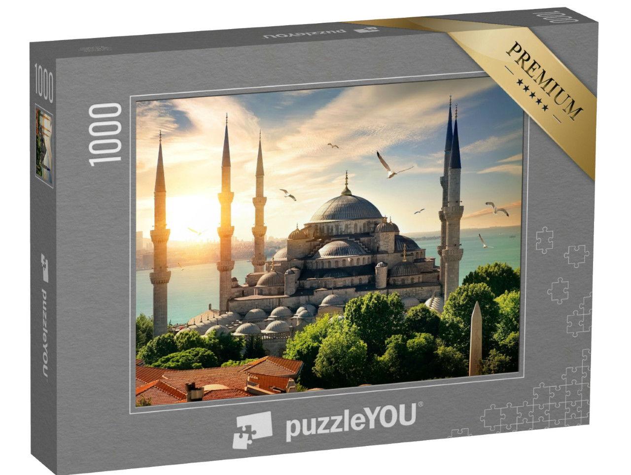 Puzzel 1000 stukjes „Zeemeeuwen boven de Blauwe Moskee en de Bosporus in Istanbul“