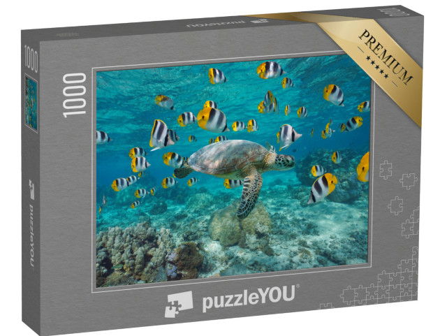 Puzzel 1000 stukjes „Zeeschildpad met een school tropische vissen, Polynesië“