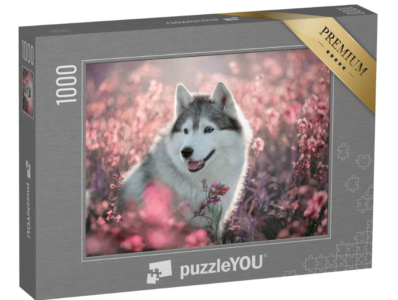 Puzzel 1000 stukjes „Prachtige husky op een bloeiend veld“