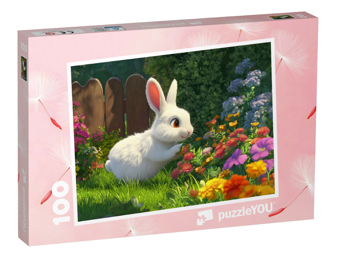 Puzzel 100 stukjes „Het konijntje in de bloementuin“