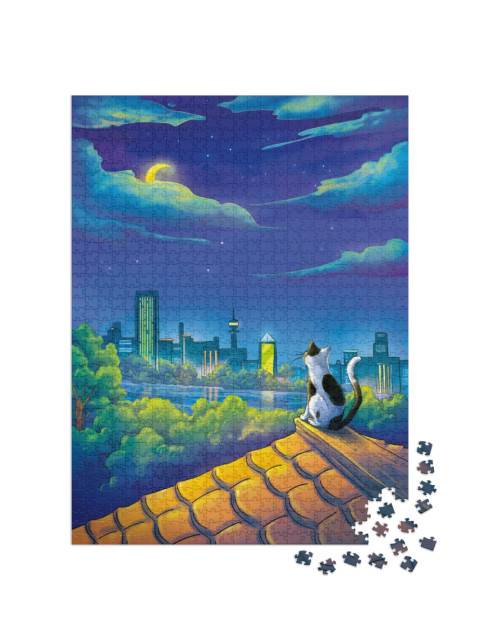 Puzzel 1000 stukjes „Kat in de maanverlichte nacht“