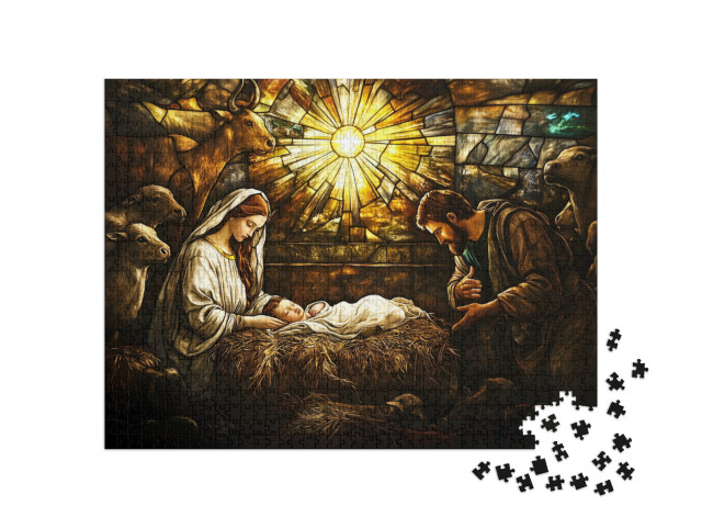 Puzzel 1000 stukjes „Vitrail d'église : scène de grippe de Noël avec Jésus, Marie et Joseph“