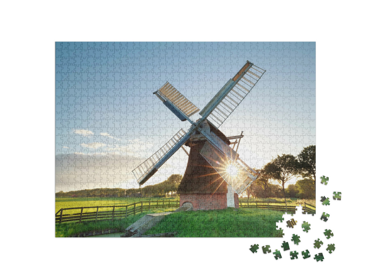 Puzzel 1000 stukjes „Ochtendzon achter een Nederlandse windmolen, Groningen“