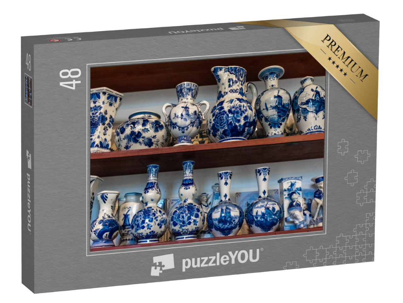 Puzzel 48 stukjes „Traditionele Delftsblauwe porseleinen vazen, in een winkel in Delft“