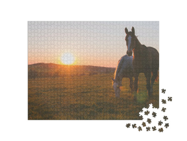 Puzzel 1000 stukjes „Twee paarden in de zonsondergang“
